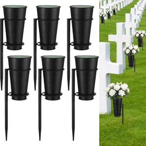 6 Sets Metal Cemetery Flower Vase with Stake for Grave, Flower Holder in Base Graveyard Vase with Floral Foam for Grave Decoration, Black