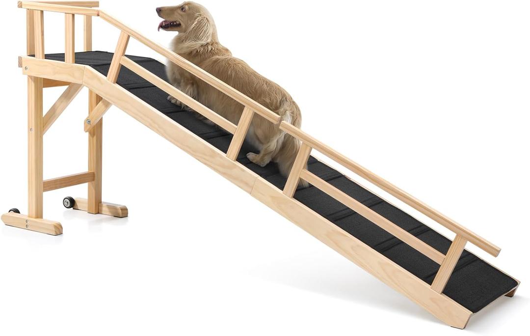 Dog Ramp for Bed or Couch, Wooden Pet Ramp with 20 Gentle Slope, Removable Side Rails, Non-Slip Surface, Top Platform & Wheels, Safe Bed Ramp for Small, Medium & Senior Dogs, 74" Long, Natural (L-73.2"L x 33.1"H x 16"W)