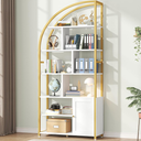 Semoic 6-Tier Bookshelf with Door, 71.1" Tall Industrial Book Shelf with Metal Frame & 9 Open Display Shelves, Large Display Shelving Unit, White Geometric Book Shelf for Lving Room, Home Office, White 