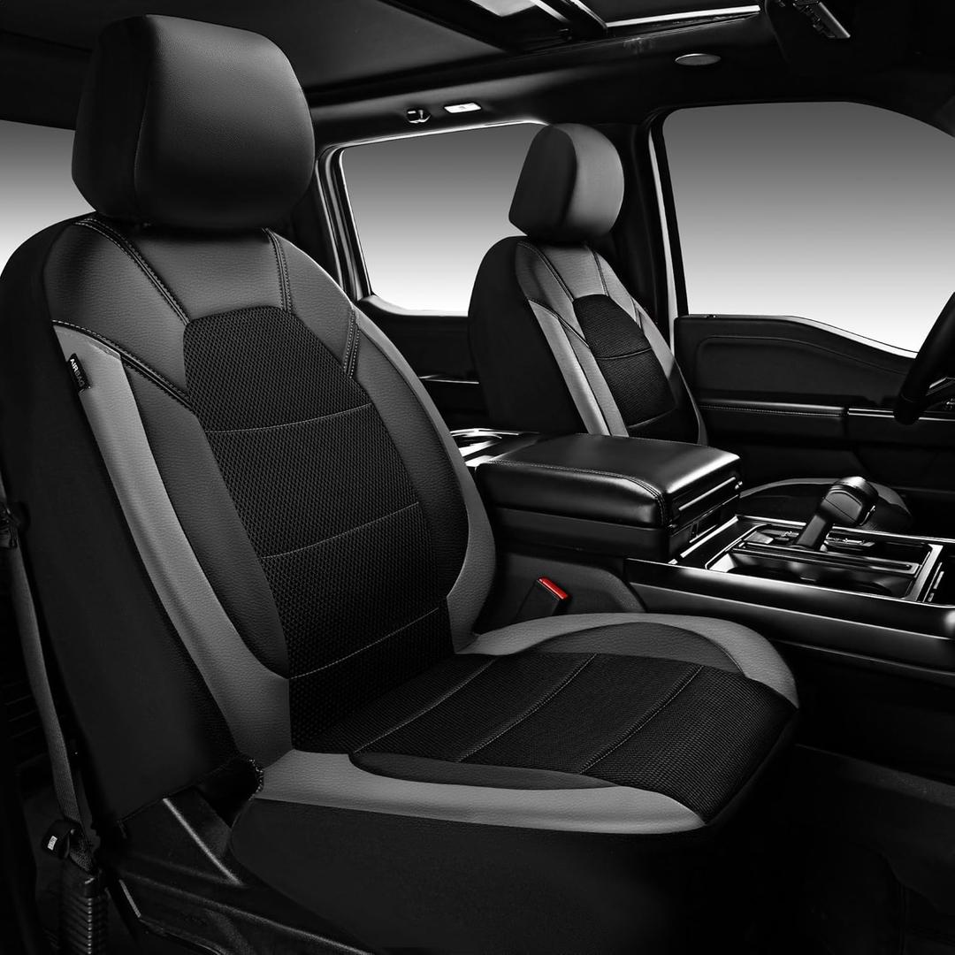 CAR PASS Leather Car Seat Covers Front Seats only, with Air Mesh Front Seat Covers Breathable, Cool Automotive Seat Covers 2 Pack, Universal Fit Most Cars,SUV,Truck,Van Airbag Compatible(Black Gray)