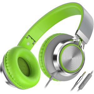 AILIHEN C8 Headphones Wired, On-Ear Headphones with Microphone and Volume Control, Corded 3.5mm Headset for Boys Girl School Smartphones Chromebook Laptop Computer Tablets Airplane Travel (Grey/Green) (Medium)