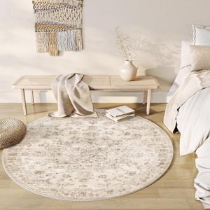 6x6 Washable Neutral Round Rug Beige Vintage Living Room Bedroom Circle Rug Non-Slip Soft Low Pile Farmhouse Indoor Carpet for Kitchen Dining Room Office, Beige 