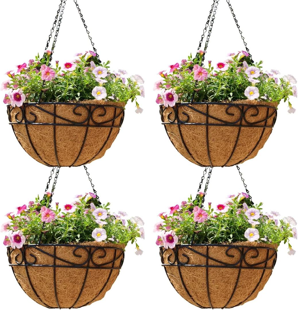 12 inch Metal Hanging Baskets For Plants Outdoor 4 Pack Round Metal Wire Hanging Basket Planter with Coco Fiber Liners Chain Round Wire Plant Holder for Garden, Patio, Deck, Porch Plants Flower Potss