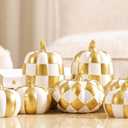 WDS WONDROUS 7PCS Fall Pumpkin Decor Thanksgiving, White and Gold Checkered Pumpkin Decorations for Home, Modern Fake Pumpkins for Farmhouse & Front Porch Decor, Dining Table Centerpiece