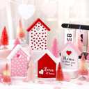 12 Pcs Wooden Valentines Day Decorations Pink Valentine House Villages Sets 4 Valentine Houses 8 Bottle Brush Trees Red Love Heart Decor for Wedding Engagement Party Tabletop Shelf Decor