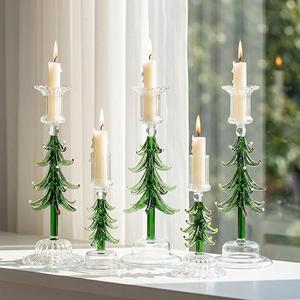 Pinkunn 5 Pcs Christmas Tree Taper Candle Holder 6In 9In Tall Christmas Glass Candlesticks Holders Fit 0.8In Candles Green Xmas Ribbed Candlestick Stand Centerpiece for Table Party Decorations Gifts
