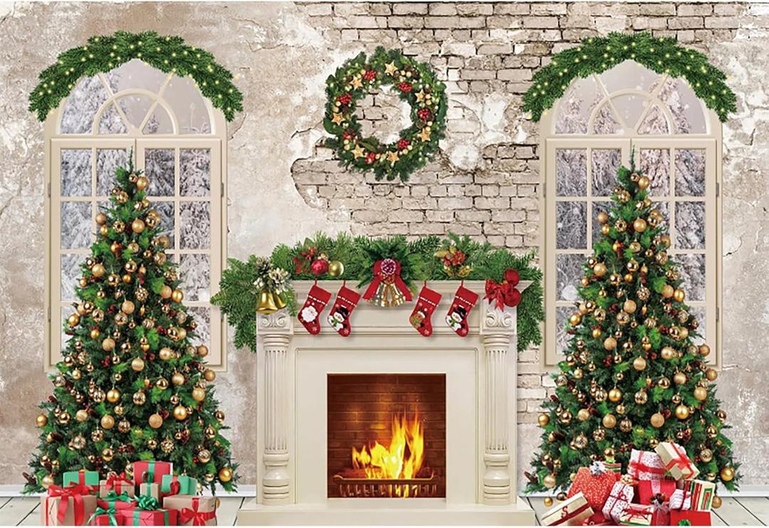 Baocicco 10x6.5ft Christmas Fireplace Backdrop Christmas Trees Red Socks Gifts Vintage Wall Backdrop for Photography Merry Xmas Family Winter Holiday New Year Party Decor Banner Photo Booth Props