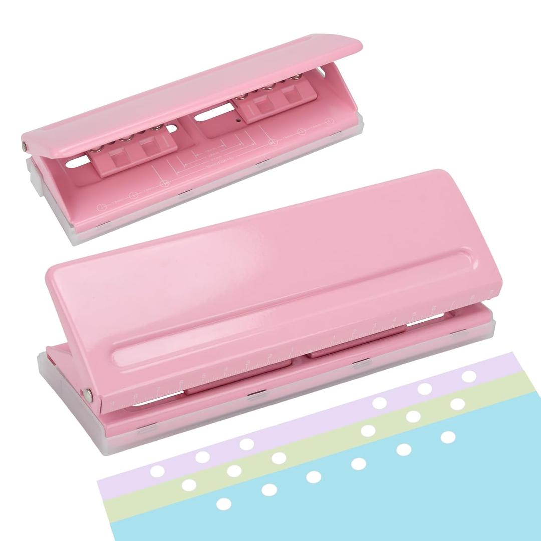 Adjustable 6-Hole Punch - Metal Hole Puncher for A4/A5/A6, Personal & Pocket Planners - 6-Ring Binder Puncher 6-Sheet Capacity, Non-Slip Base, with Ruler & Hole Guide (Pink)