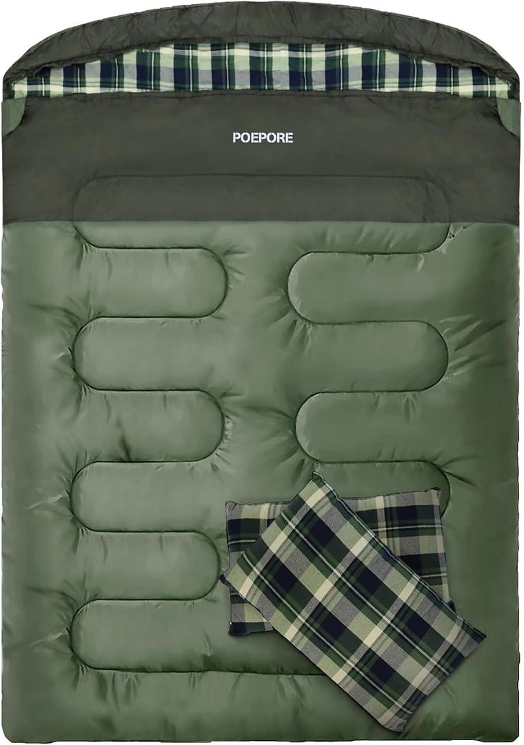 Double Sleeping Bag Flannel for Adults with 2 Pillows 2 Person Sleeping Bags Camping XXL Queen Size Two Person Sleeping Bag for Cold Weather (GREEN)