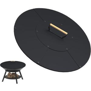 24" Wooden-Handle Fire Pit Lid for Pits up to 22", Round Metal Bonfire Pit Burner Pan Cover, Smokeless Fire Pit Cover for Fire Tables, All-Weather Resistance Outdoor Firepit Accessory