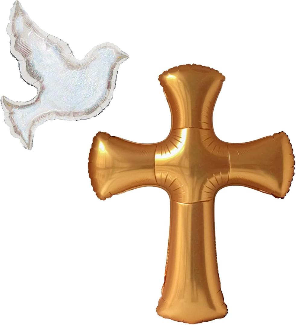 44" Cross & 26" Dove Balloon Set - Gold, White - Religious Occasion - Unisex Kids - 3 Pieces