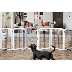 SFJC Dog Gate Freestanding Dog Fence Indoor with Door Foldable, Wooden Dog Gate for The House, Doorway, Stairs, Pet Gate Puppy Safety Fence, Support Feet Included, 24" Height, 6 Panels, White