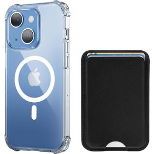 for iPhone 15 Case with Card Holder, Compatible with MagSafe Clear Case Magnetic Wallet, Anti-Yellowing & MIL-Grade Protective, Includes Detachable Black Leather Wallet Holds 3 Cards