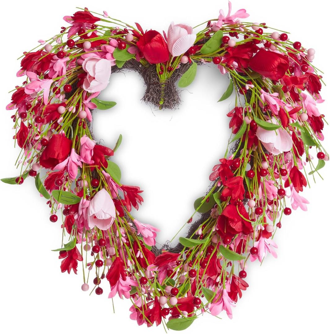 DN DECONATION Valentine's Day Decor Wreaths, Valentines Heart Shaped Wreath for Front Door 18.8 Inch with Floral Tulips and Berries, Pink Door Wreath for Outdoor Indoor Wedding Home Decorations