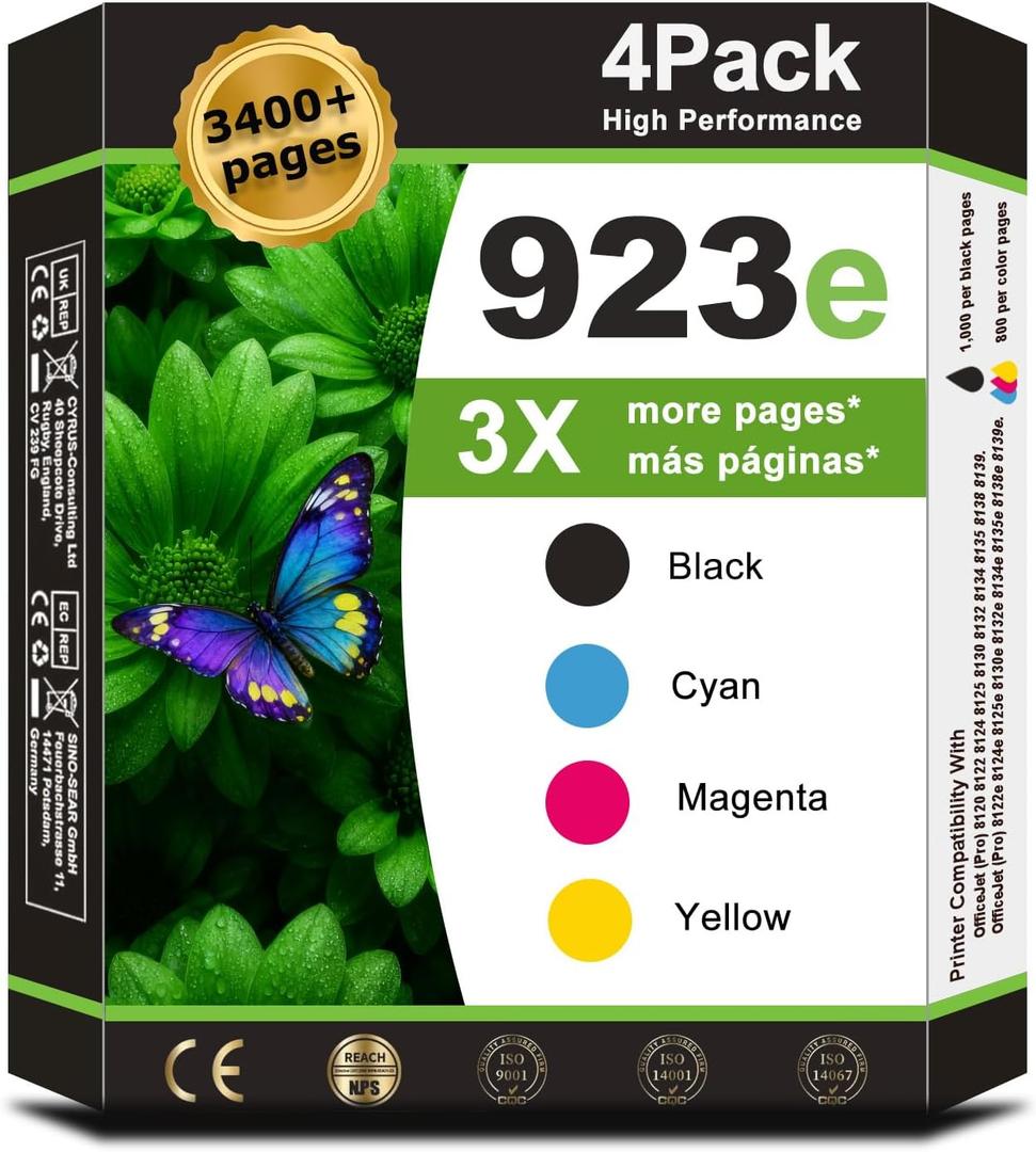 923e 923XL Ink Cartridges Combo Pack Compatible for HP 923 e HP923 XL HP 923 xl for OfficeJet Pro 8130e 8135e 8122e 8125e 8120 8124e 8138e 8139e 8130 8132e 8134e Printers Black Cyan Magenta Yellow