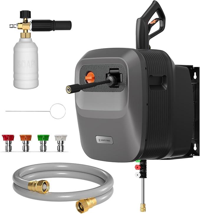 Giraffe Tools Grandfalls Pressure Washer G20B, 2200 PSI 2.4 GPM, Wall Mounted Pressure Washer with 65FT Hose Reel, Wall Mount Power Washer, Dark Silver