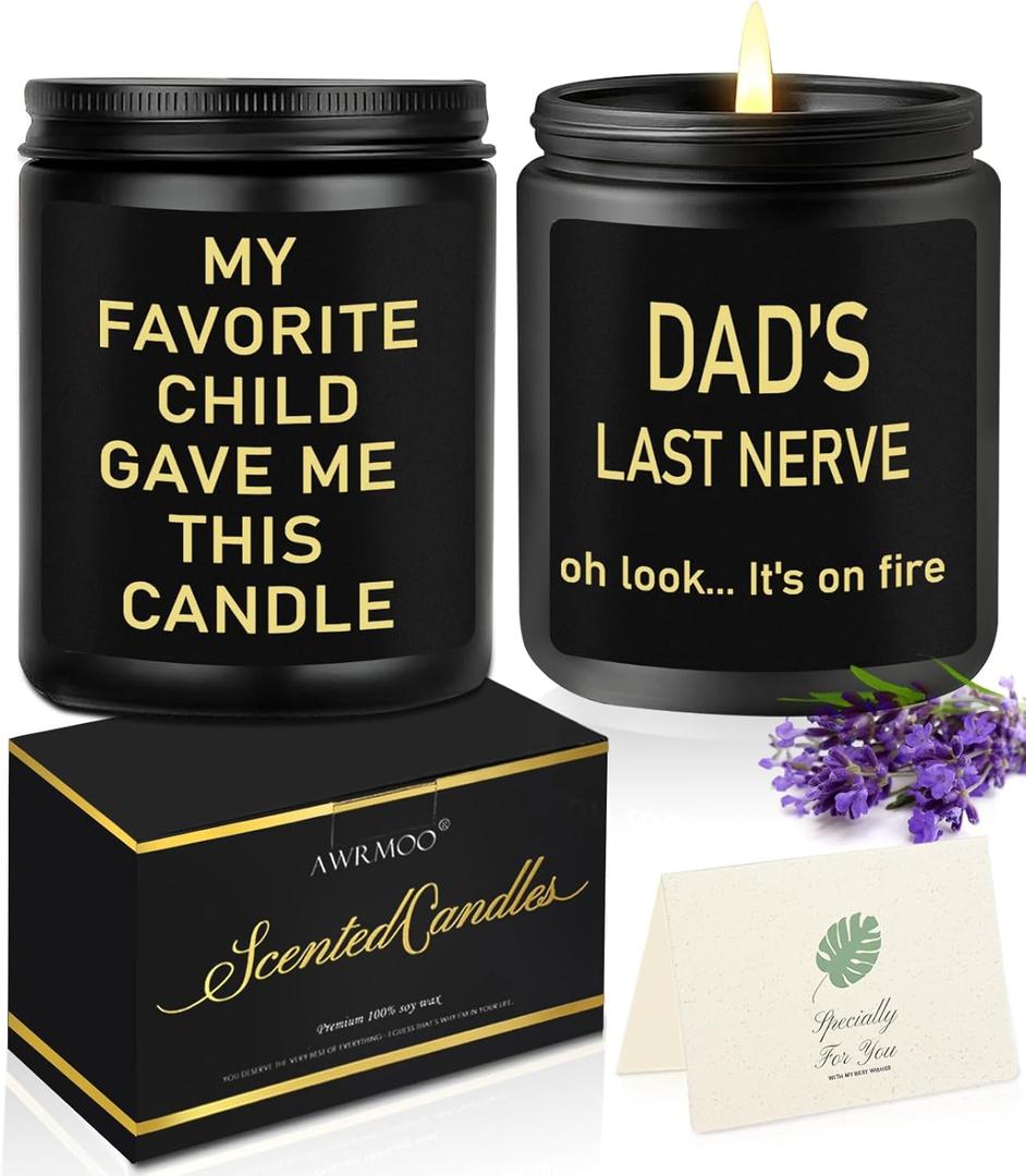 Awrmoo Unique Gifts for Dad from Daughter Son, Dad's Last Nerve Lavender Scented Soy Candles, Vanilla Candle Gift Set for Birthday, Christmas Thanksgiving Day for Men (2 Pack), Black, Dad-2Pack