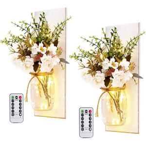 Rustic Wall Sconces Mason Jar Sconces Handmade Wall Art Hanging Design with Remote Control LED Fairy Lights and White Peony, Christmas Decor Gifts Farmhouse Home Decor Living Room Lights Set of Two