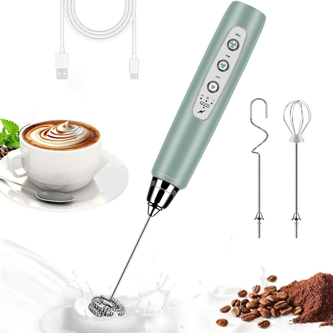 BSRGMS Milk Frother Handheld for Coffee, Electric Whisk 3 Speed Adjustable, Drink Mixer with Stainless 3 Whisks, Rechargeable Hand Frother Wand, Foam Maker for Latte Cappuccino Hot Chocolate Egg Green