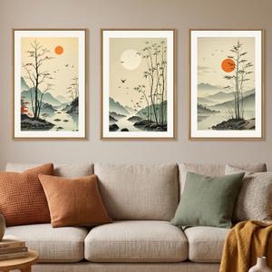 Chinoiserie Bamboo Forest Framed Canvas Wall Art Set, Nature Tree Lakes Wall Decor, Minimalist Zen Landscape Wall Painting, Watercolor Art Prints for Living Room, Bedroom, Office 16"X24"X3