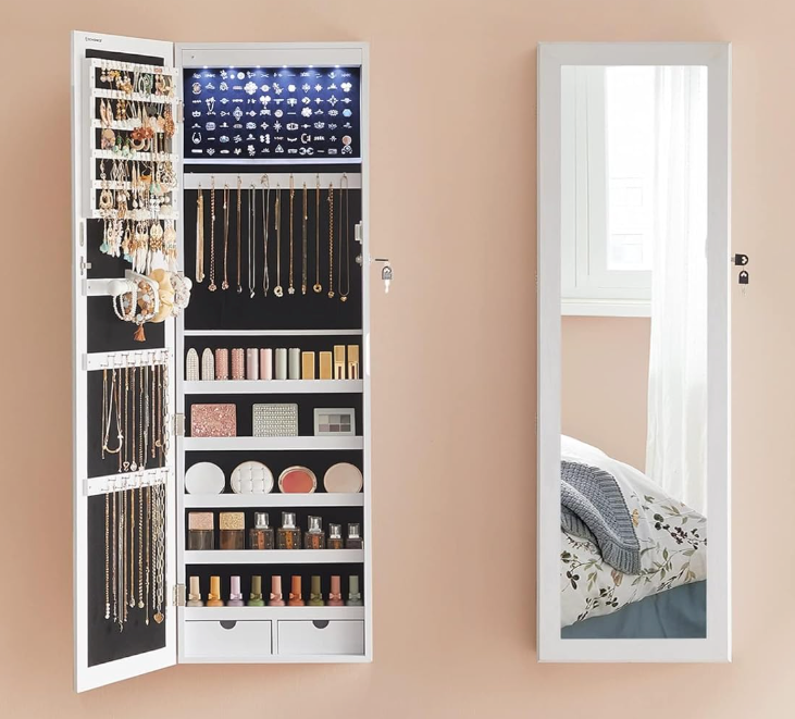 SONGMICS 6 LEDs Mirror Jewelry Cabinet, 47.2-Inch Tall Lockable Wall or Door Mounted Jewelry Armoire Organizer with Mirror, 2 Drawers, 3.9 x 14.6 x 47.2 Inches, White UJJC93W