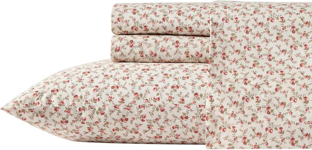 Laura Ashley - Queen Sheets, Cotton Percale Bedding Set, Lightweight & Breathable Home Decor, Oeko-Tex Certified (Sweet Success Pink, Queen)