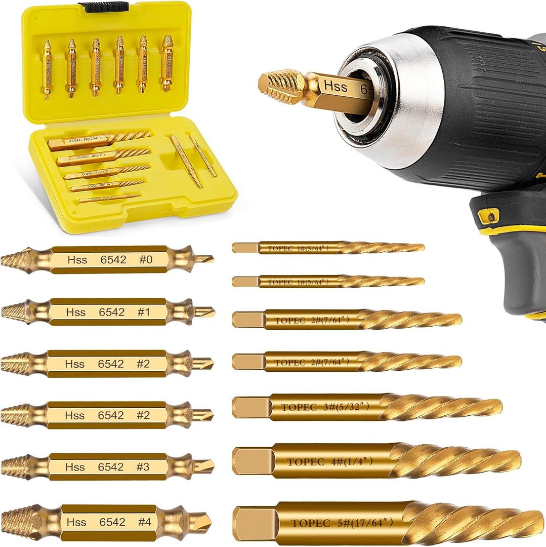 Topec Damaged Screw Extractor Set, 13 PCS Stripped Screw Removal Tool with HSS 6542 Drill Bits, Small Easy Out for Broken Bolts, Gifts for Men (Golden)