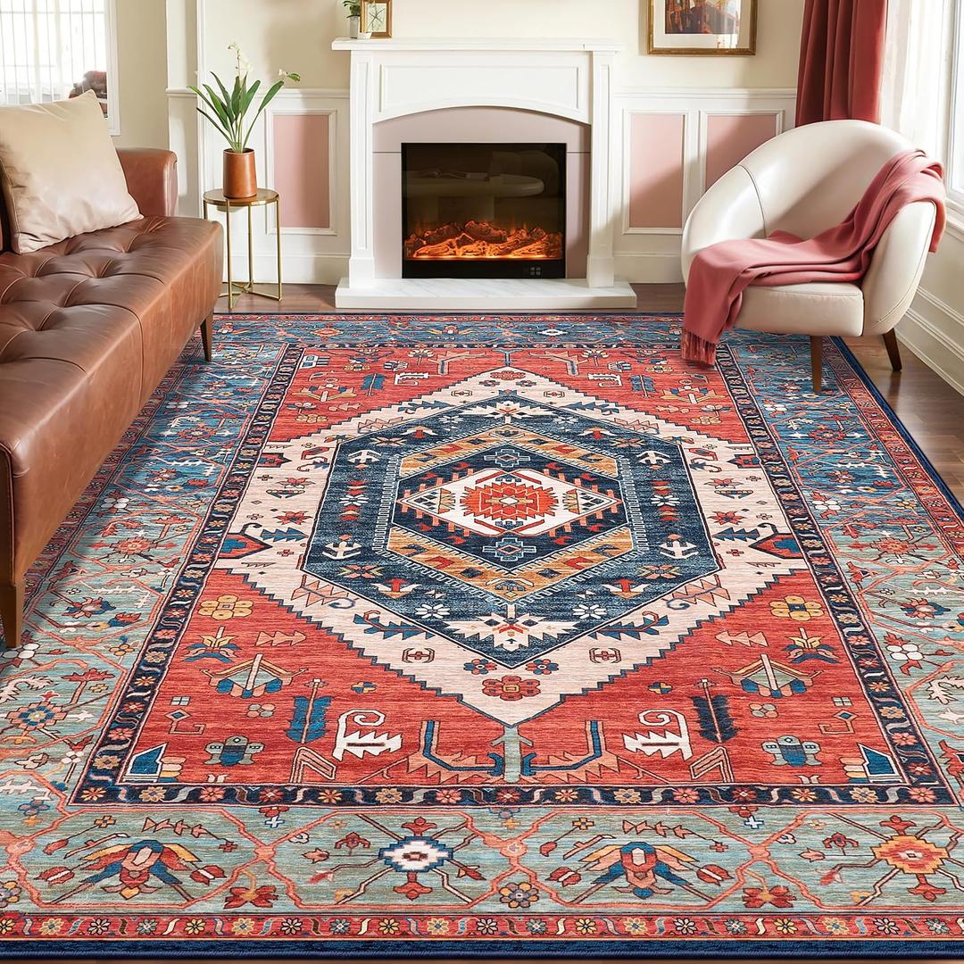 SERISSA 8x10 Washable Non Slip Boho Area Rug for Living Room，Rust