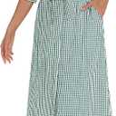 Women's Half Sleeve Plaid Maxi Dress 2026 Spring Summer Gingham Casual Button Down Long Loose Belted Dress (Small, Green)