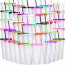 Honeydak 60 Pack Tumbler with Straw and Lid Bulk Water Bottle Iced Coffee Travel Mug Cup Reusable Plastic Cups for Party Birthdays 24-27 oz (Pretty Color)
