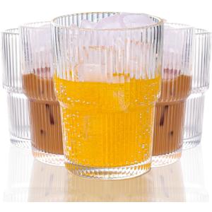 Set of 6 Cute Ribbed Glassware,14oz Vintage Clear Glass Tumbler, Origami Style, Fluted Design, Ideal for Water, Iced Coffee, Juice, Milk Tea, Latte, Housewarming Gift