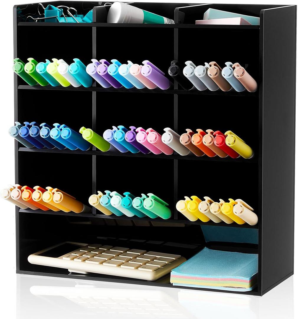 Acrylic Pen Organizer Storage for 150 Markers Vertical Marker Organizer Acrylic Pen Display Holder for Office Desk Desktop Stationery Pencil Storage, Black, 10.2 x 4 x 9.8 Inch