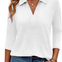 Women's 3/4 Length Sleeve V-Neck Collared Tops Summer Business Casual Work Polo Shirts Fashion Outfits 2026 (White)