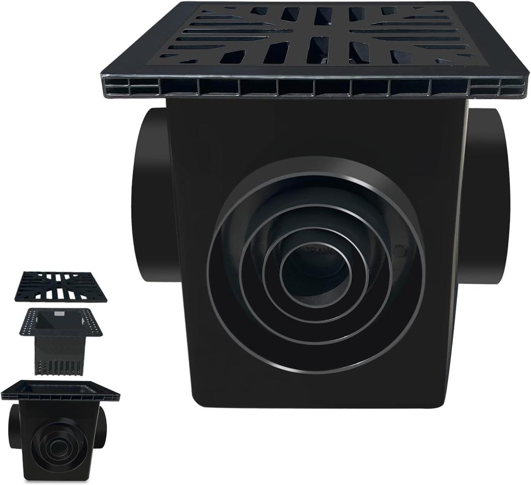 12in Black Plastic Catch Basin - 4 Outlet Drain Box with Debris Basket & Polypropylene Grate for Yard, Garden, Downspout & More