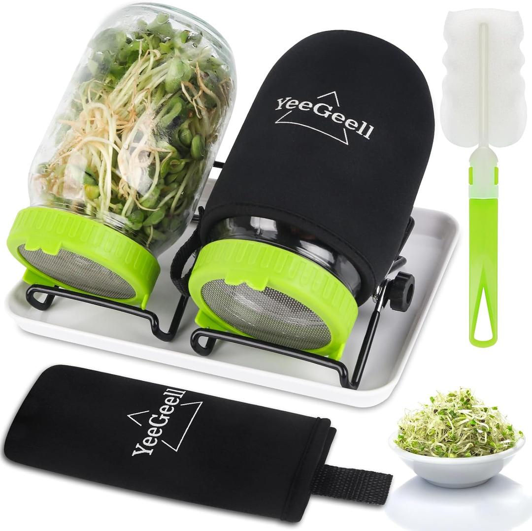 Premium Sprouts Growing Kit, 2 Sprouting Jar Kits & Superior Sprout lids, Blackout Sleeves, Drain Tray, Stainless Steel Stand, Growing Kit for Broccoli, Alfalfa, Beans & Mushroom by YeeGeell (Set of 2)