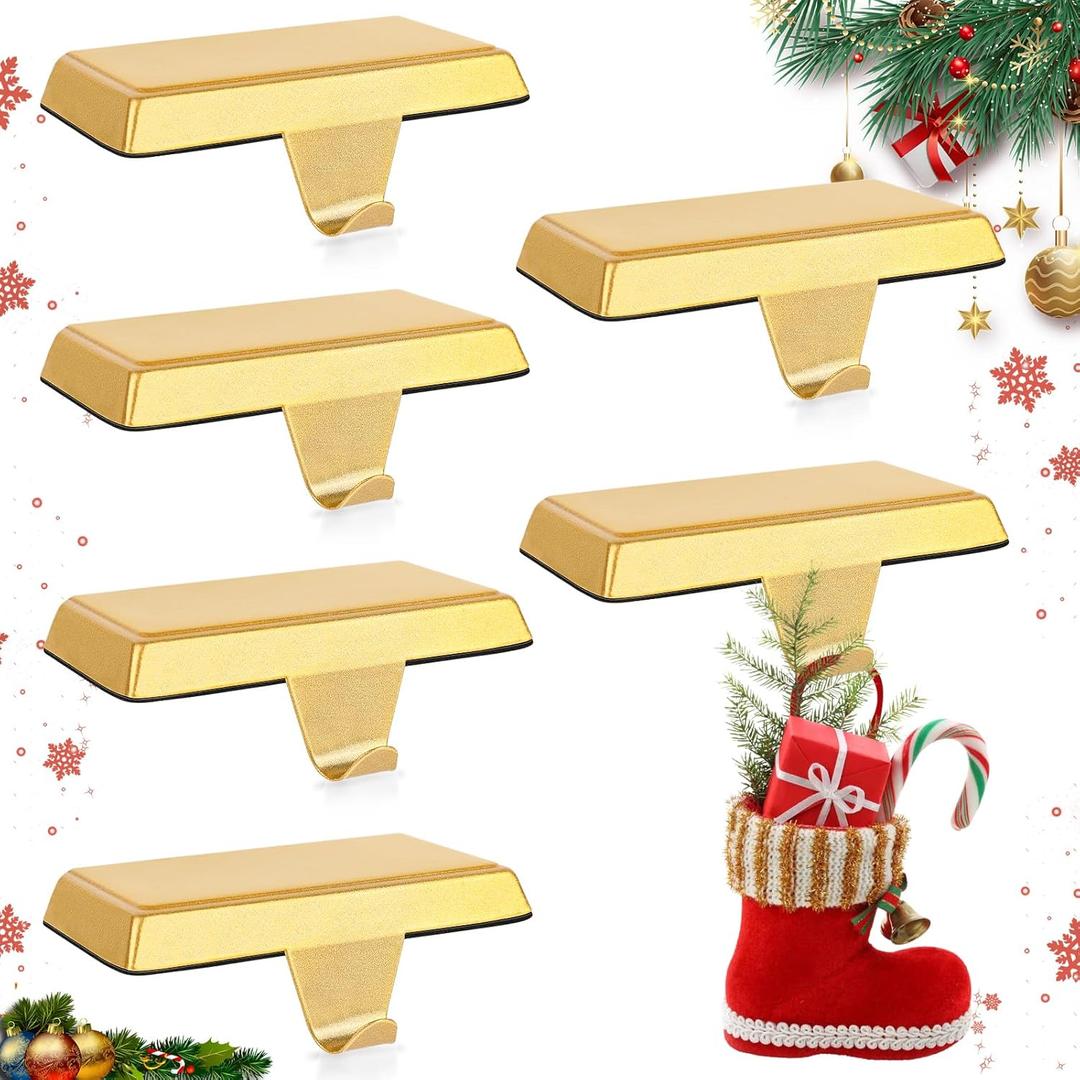 Homjoy 6 Pack Metal Christmas Stocking Holders for Mantle Heavy Duty Stocking Hangers Stocking Hook Christmas Ornaments for Counter Tables Window Fireplace Mantle Decoration (Gold)