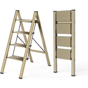 WOA WOA 4 Step Ladder, Foldable Step Stool, Aluminum Lightweight Ladder for Home Kitchen Closet, Anti-Slip Pedals, Ease of Folding, Portable, 300lbs Capacity - Gold