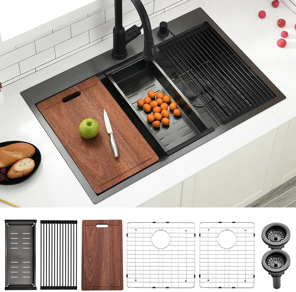 33x22 Drop In Double Bowl Kitchen Sink, Black Drop In Double Bowl Kitchen Sinks, Swift Horse 33 Inch 16 Gauge Topmount Black Stainless Steel 60/40 Dual Bowl Sink