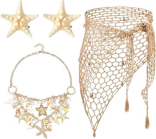4 Pcs Mermaid Costume for Women Mermaid Crochet Skirt Swimwear Cover up Beach Necklace Starfish Hair Clip