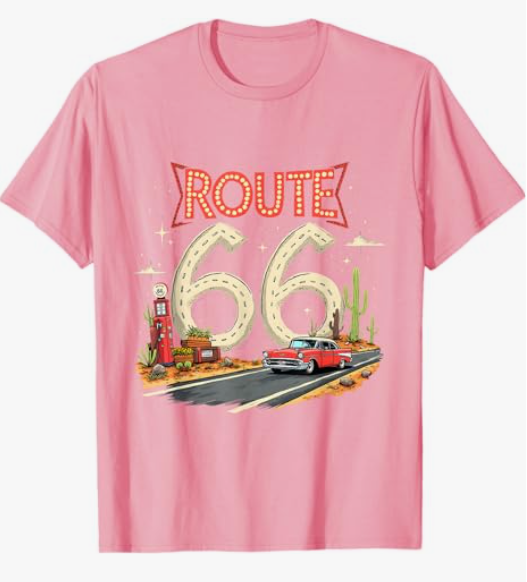 Classic Retro Route 66 Desert Scene with Red Vintage Car T-Shirt, Pink, S