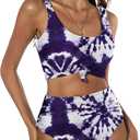 ZAFUL Women's High Waisted Tankini Swimsuit Scoop Neck Ruched Bikini Set Sporty 2 Piece Bathing Suit (Large)