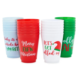 BLUE PANDA 24 Pack Plastic Christmas Cups, 16oz Reusable Tumblers for Winter Holiday Xmas Party Supplies Decorations, Fun Festive Christmas Decorations for Party Gathering (4 Designs)