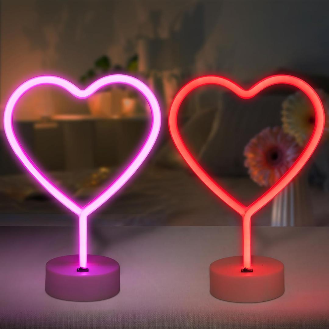 BRIGHTDECK Valentines Day Decorations, 2 Pack Heart Neon Signs, LED Pink Lights Battery Operated or USB Powered, Neon Lights Heart Decor for Valentine's Day Gifts, Wedding, Party, Pink Room Decor
