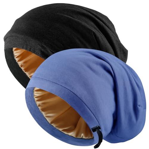 NICPOO Silk Satin Bonnet Hair Wrap for Sleeping, Adjustable Silk Bonnets for Women Men Sleep Cap Silk Lined Slouchy with Adjustable Strap Curly Hair Head Scarf Night Caps Blue）