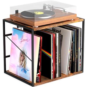 Vinyl Record Storage Holder for 80-100LPs, Vinyl Record Stand Wall Mount with Movable Divider, Solid Record Display Crate & Organizer for Albums, Magazine, Book, File (Brown)