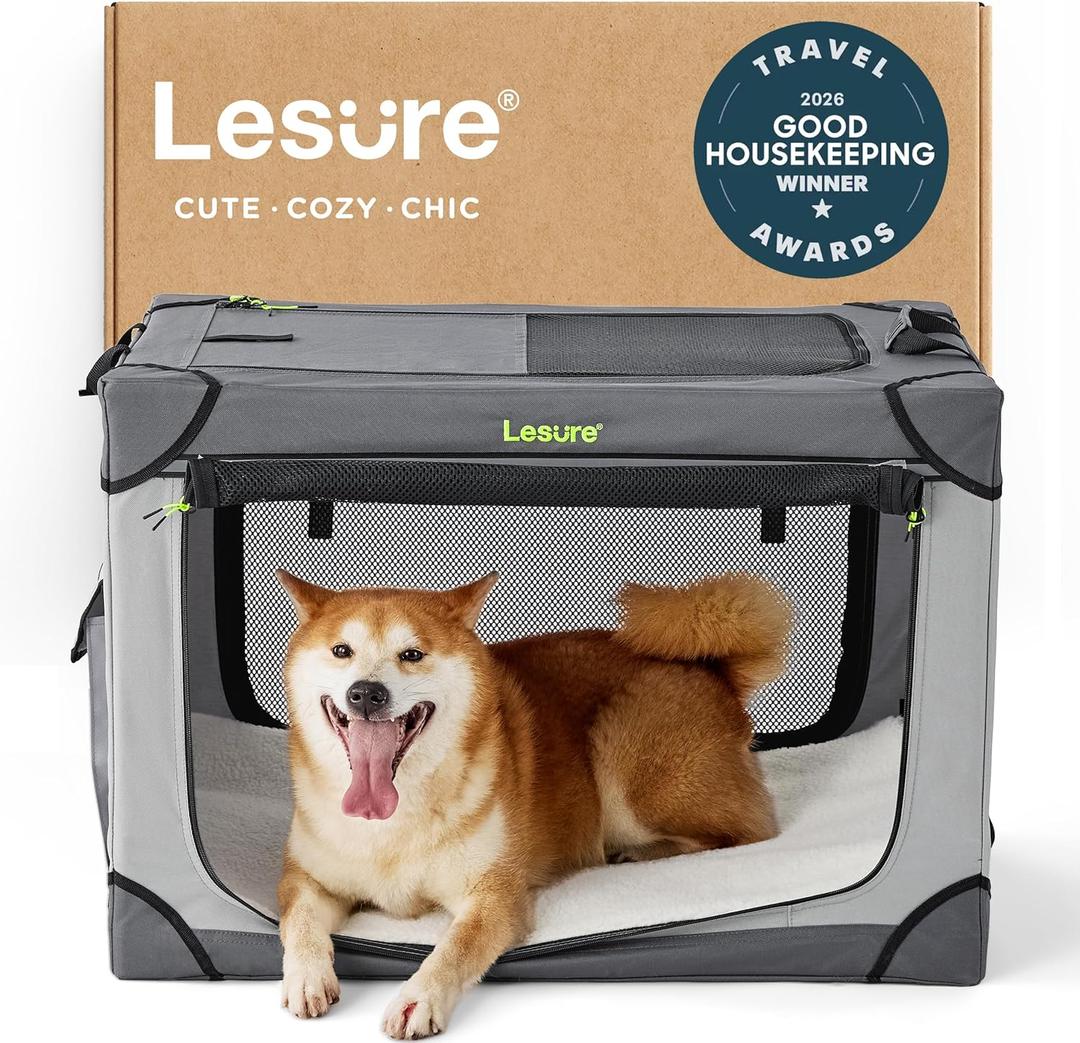 Lesure Shown on TODAY Show Soft Collapsible Dog Crate - 30 Inch Portable Travel Crate for Medium Dogs Indoor & Outdoor, 4-Door Foldable Pet Kennel with Mesh Windows, Grey