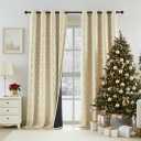 ZJDECOR Beige Full Blackout Window Curtain Panels with Gold Geometric Metallic Moroccan Print,Modern Room Darkening Light Blocking Drapes,Grommet Window Treatment for Bedroom,52" Wx84 L(Pack of 2)