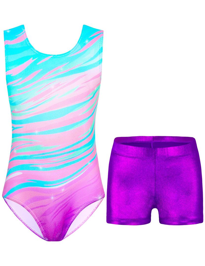 Nymphperi Girls Gymnastics Leotards Size 5-6 Years Old Purple Zebra Tumble Outfits with Shorts