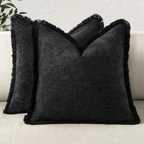 MIULEE Decorative Boho Farmhouse Throw Pillow Covers Pack of 2 Soft Cozy Couch Pillow Covers with Tassels Chenille Accent Pillowcases for Spring Sofa Bed Living Room Home Decor 18x18 Inch Black