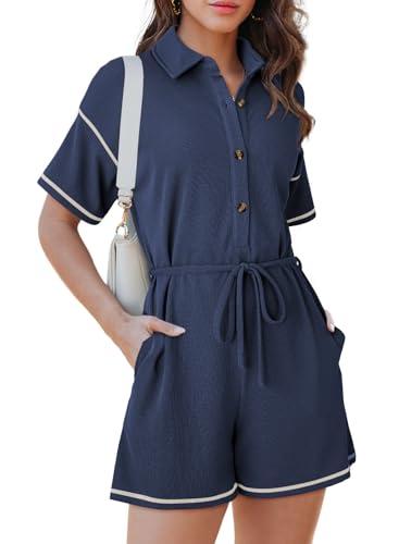 Dokotoo Women's Fashion 2025 Spring Summer Buttons Collar Short Sleeve Drawstring Waist Side Pockets Striped Casual Jumpsuits Romper Navy Blue Size 2XL